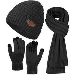 Mens Winter Hat Scarf and Touchscreen Gloves Set Warm Knit Beanie Long Scarf